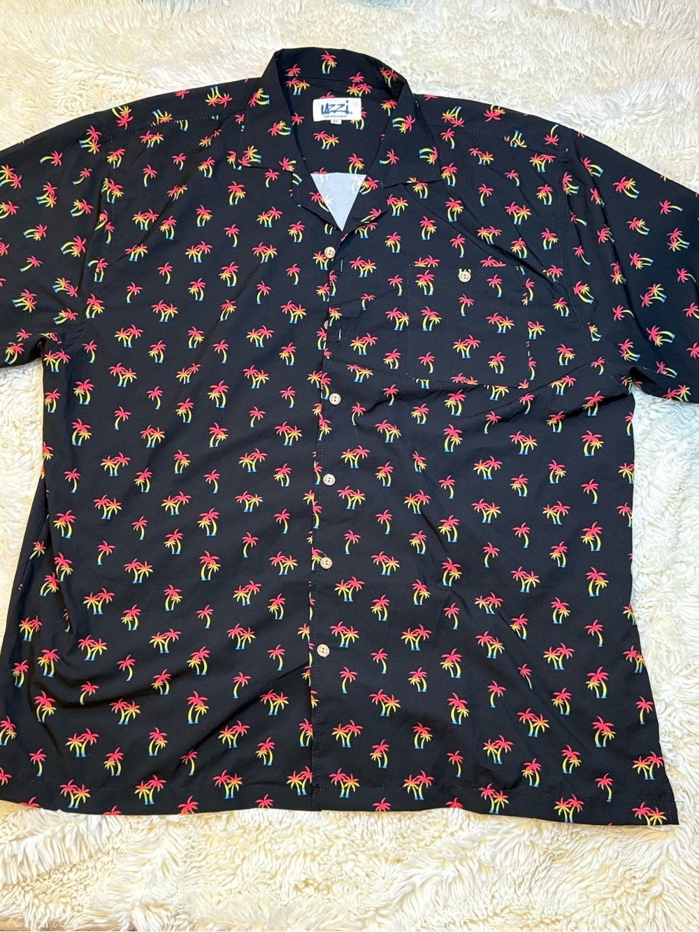 Uzzi Men's XL Black Short Sleeve Button-Down Shirt with Neon Palm Print